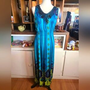 Blue and Green Sleeveless Silk Blend Maxi Dress Large
